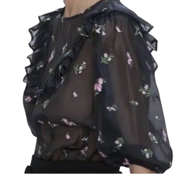 🛍Bundle sale🛍Zara M Chiffon Embroidered Ruffled Blouse floral sheer - Picture 2 of 8